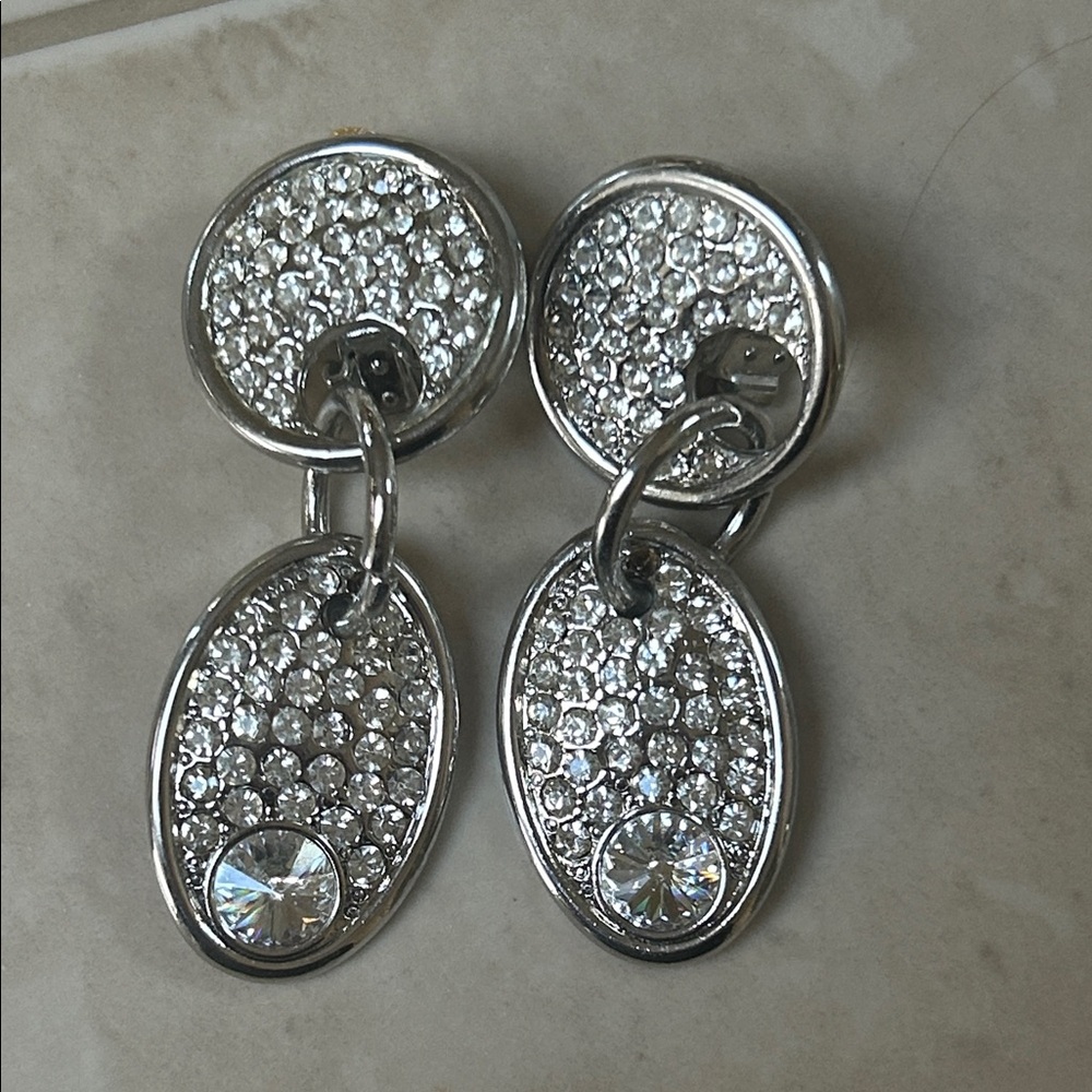 Vintage rhinestone crystal 80’s 90’s door knocker dangle clip on Earrings bijoux